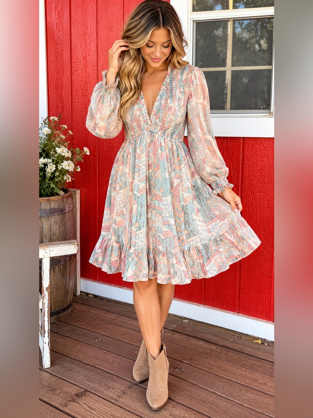 Blue B Collection Pastel Abstract Smocked V-Neck Long Sleeve Boho Dress Size M